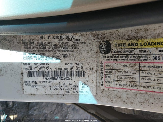44766230 :رقم المزاد ، 3FAHP0HA5AR390371 vin ، 2010 Ford Fusion Se مزاد بيع