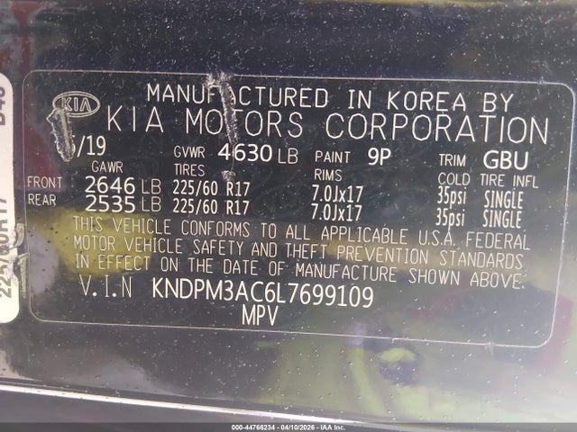 Продажа на аукционе авто 2020 Kia Sportage Lx, vin: KNDPM3AC6L7699109, номер лота: 44766234