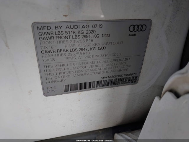 Aukcja sprzedaży 2019 Audi Q3 2.0t Premium, vin: WA1AECF35K1086874, numer aukcji: 44766238