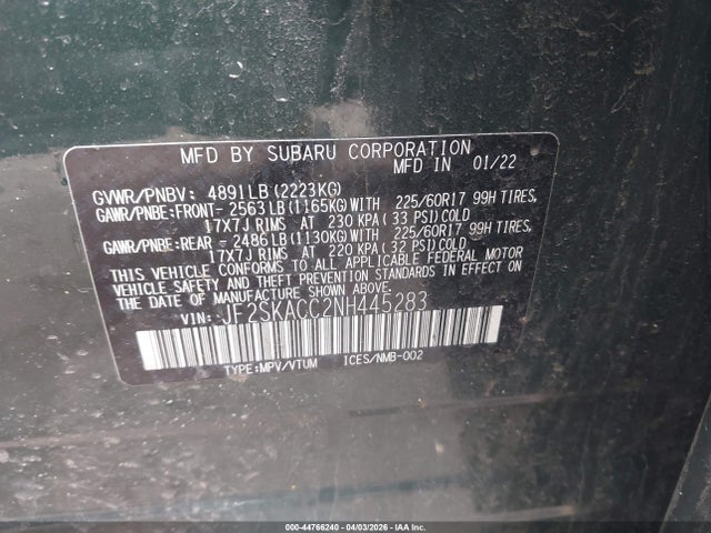 2022 Subaru Forester მანქანა იყიდება აუქციონზე, vin: JF2SKACC2NH445283, აუქციონის ნომერი: 44766240