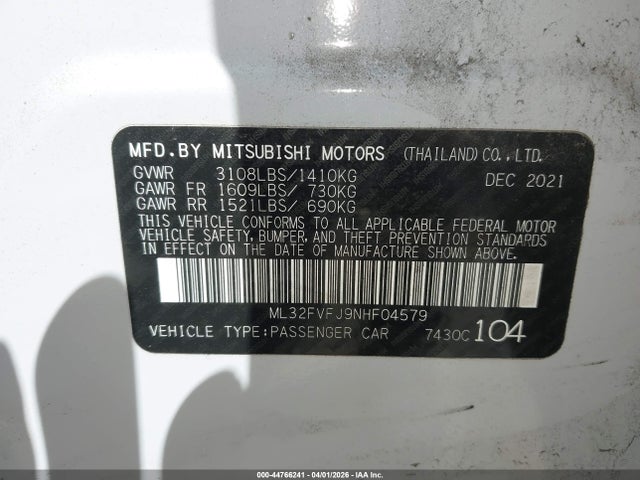 44766241 :رقم المزاد ، ML32FVFJ9NHF04579 vin ، 2022 Mitsubishi Mirage G4 Se مزاد بيع