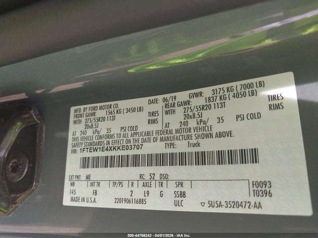 2019 Ford F-150 Xlt მანქანა იყიდება აუქციონზე, vin: 1FTEW1E4XKKE03707, აუქციონის ნომერი: 44766242