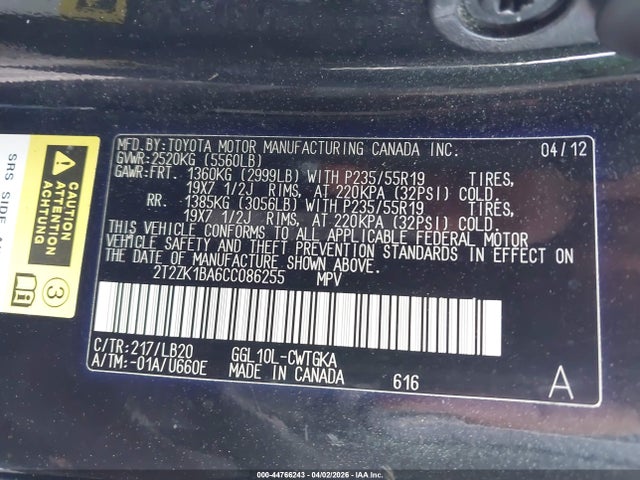 44766243 :رقم المزاد ، 2T2ZK1BA6CC086255 vin ، 2012 Lexus Rx 350 مزاد بيع