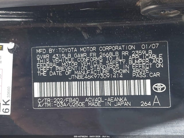Продажа на аукционе авто 2007 Toyota Camry Le, vin: JTNBE46K973091414, номер лота: 44766284