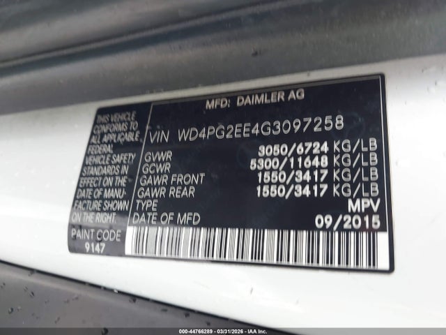 Продаж на аукціоні авто 2016 Mercedes-benz Metris, vin: WD4PG2EE4G3097258, номер лоту: 44766289
