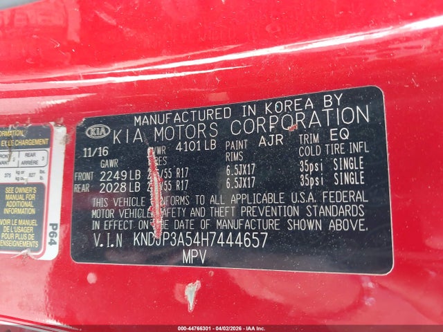 KIA SOUL + 2017 KNDJP3A54H7444657 Image 9