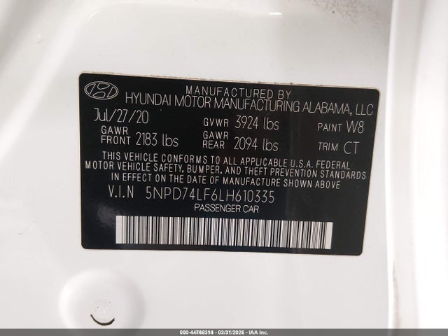 5NPD74LF6LH610335 Hyundai ELANTRA SE