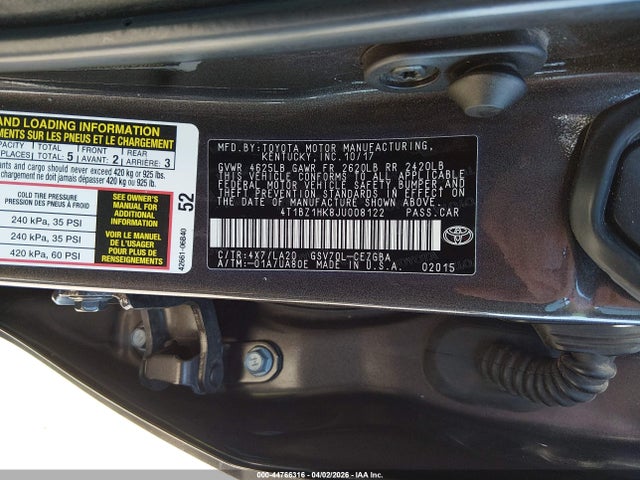 Aukcja sprzedaży 2018 Toyota Camry Xle V6, vin: 4T1BZ1HK8JU008122, numer aukcji: 44766316
