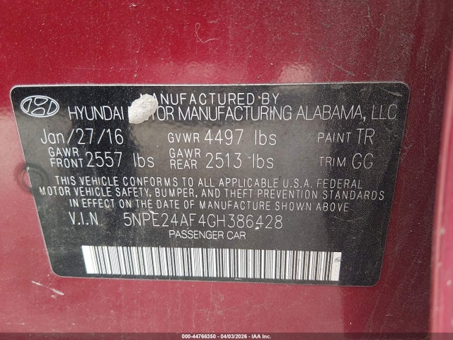 5NPE24AF4GH386428 Hyundai SONATA SE