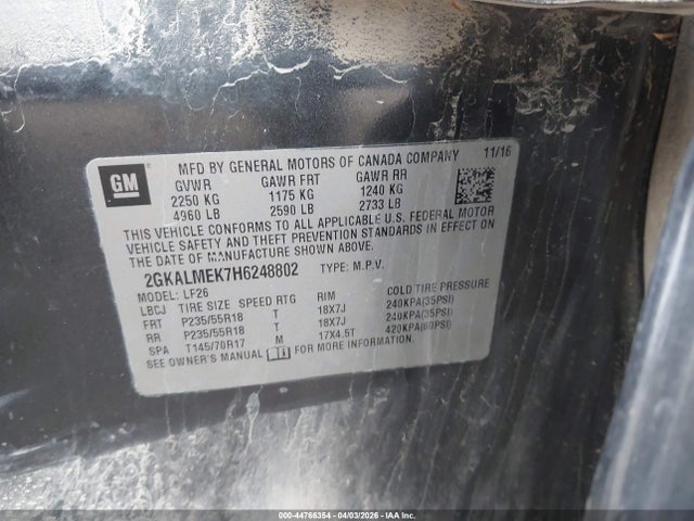 44766354 :رقم المزاد ، 2GKALMEK7H6248802 vin ، 2017 Gmc Terrain Sle-1 مزاد بيع