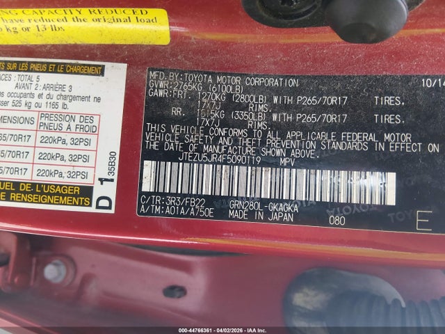 Aukcja sprzedaży 2015 Toyota 4runner Sr5, vin: JTEZU5JR4F5090119, numer aukcji: 44766361