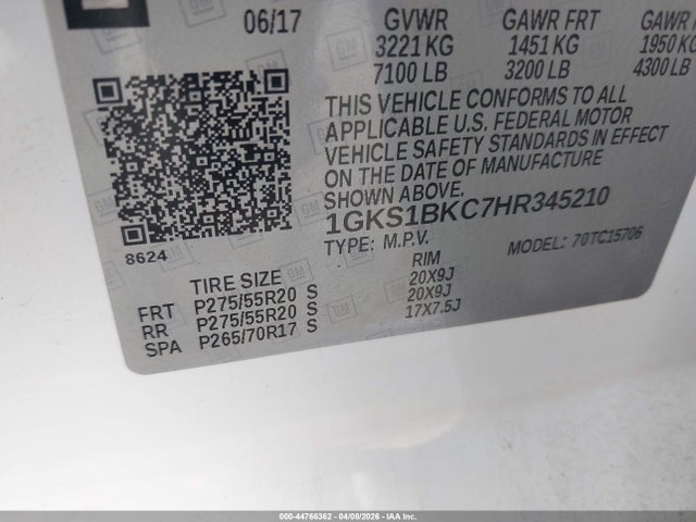 Продаж на аукціоні авто 2017 Gmc Yukon Slt, vin: 1GKS1BKC7HR345210, номер лоту: 44766362