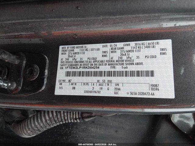 44766368 :رقم المزاد ، 1FTEW2LP1RKD04254 vin ، 2024 Ford F-150 Stx مزاد بيع