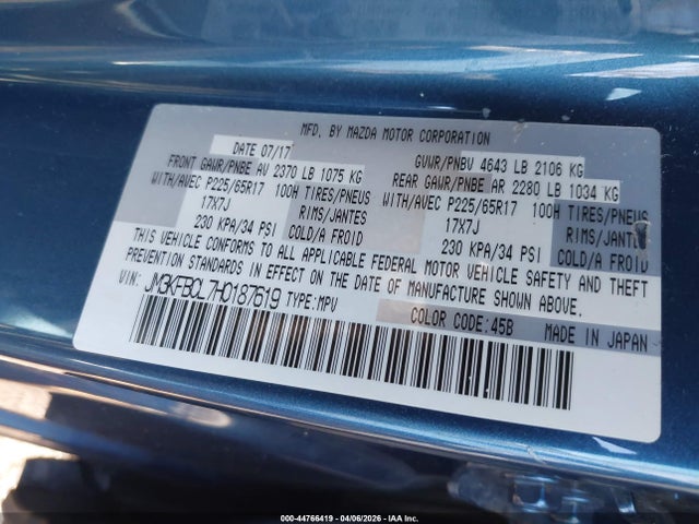 Продажа на аукционе авто 2017 Mazda Cx-5 Touring, vin: JM3KFBCL7H0187619, номер лота: 44766419