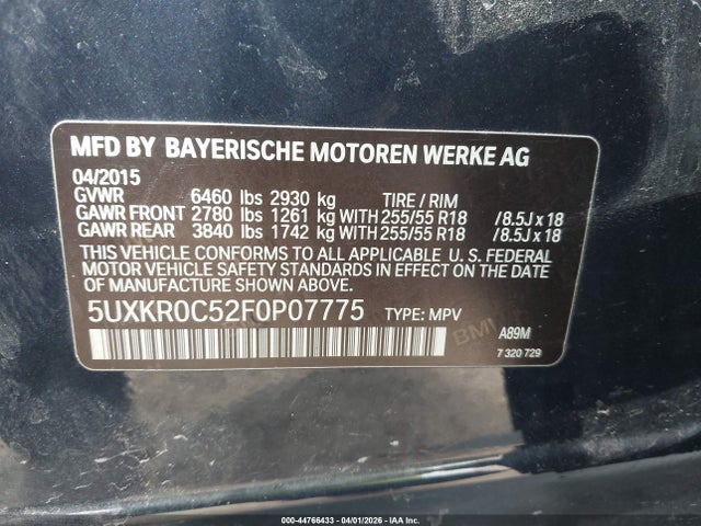 2015 Bmw X5 Xdrive35i მანქანა იყიდება აუქციონზე, vin: 5UXKR0C52F0P07775, აუქციონის ნომერი: 44766433