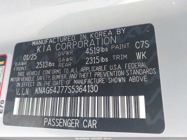 44766435 :رقم المزاد ، KNAG64J77S5364130 vin ، 2025 Kia K5 Gt-line مزاد بيع