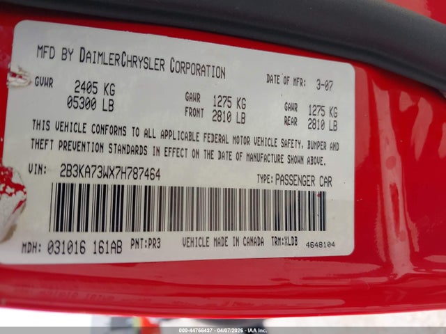 44766437 :رقم المزاد ، 2B3KA73WX7H787464 vin ، 2007 Dodge Charger Srt8 مزاد بيع
