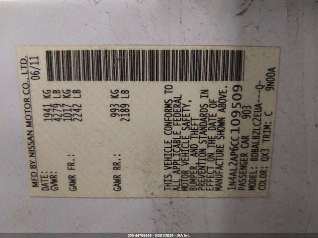 2012 Nissan Altima 2.5 S მანქანა იყიდება აუქციონზე, vin: 1N4AL2AP6CC109509, აუქციონის ნომერი: 44766448