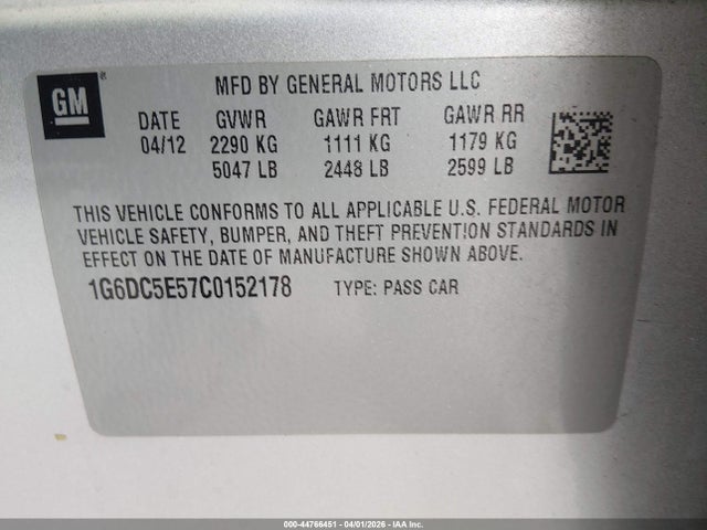 Aukcja sprzedaży 2012 Cadillac Cts Standard, vin: 1G6DC5E57C0152178, numer aukcji: 44766451
