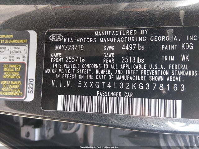 44766460 :رقم المزاد ، 5XXGT4L32KG378163 vin ، 2019 Kia Optima Lx مزاد بيع