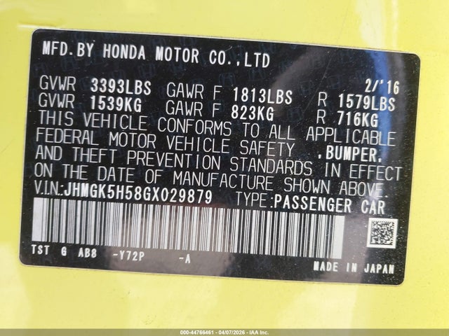 2016 HONDA FIT JHMGK5H58GX029879 Photo 8