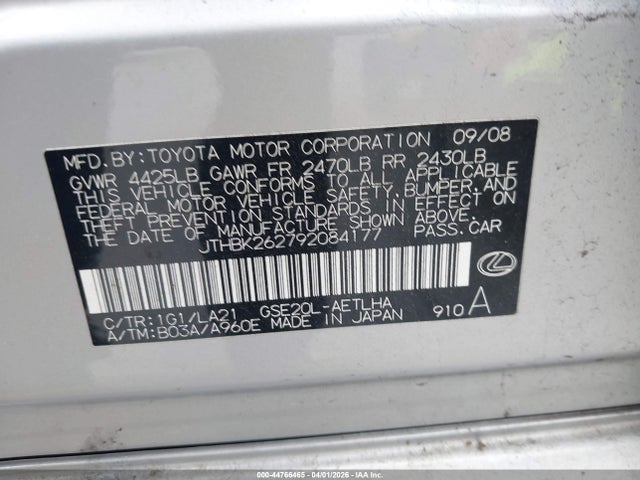 Aukcja sprzedaży 2009 Lexus Is 250, vin: JTHBK262792084177, numer aukcji: 44766465