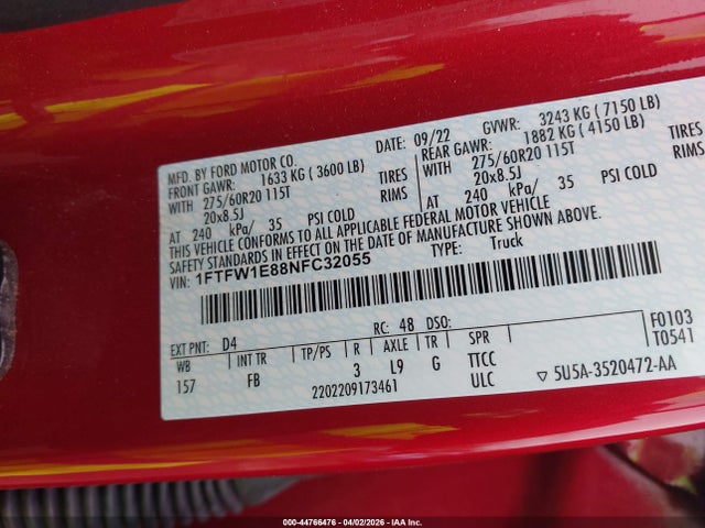 44766476 :رقم المزاد ، 1FTFW1E88NFC32055 vin ، 2022 Ford F-150 Xlt مزاد بيع