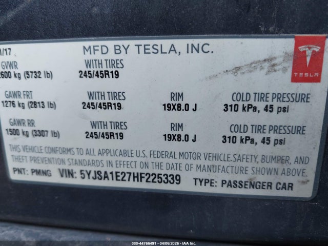 Aukcja sprzedaży 2017 Tesla Model S 100d/60d/75d/90d/p100d, vin: 5YJSA1E27HF225339, numer aukcji: 44766491