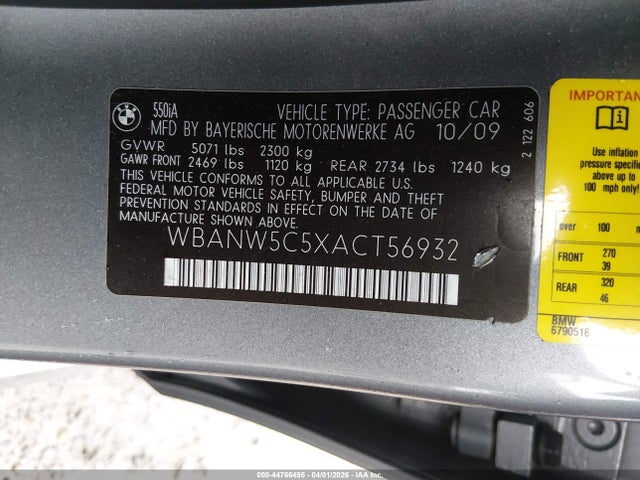 2010 BMW 550I WBANW5C5XACT56932 Photo 8