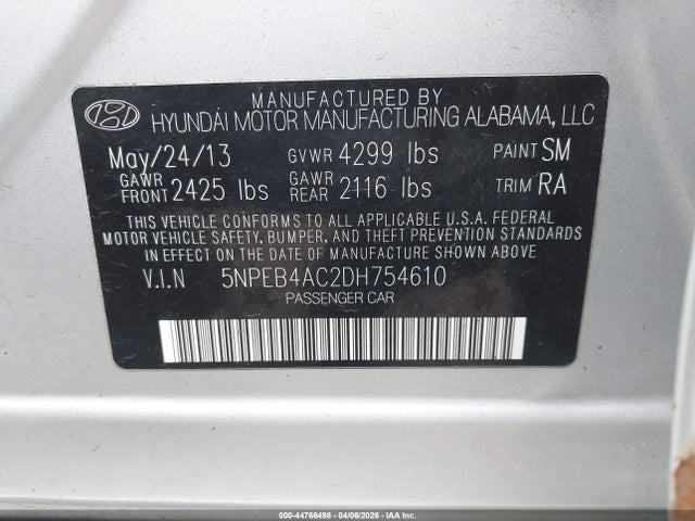 44766498 :رقم المزاد ، 5NPEB4AC2DH754610 vin ، 2013 Hyundai Sonata Gls مزاد بيع