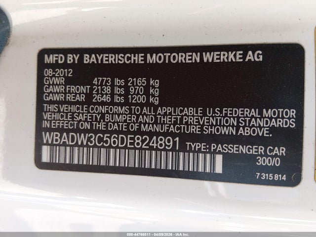 Продаж на аукціоні авто 2013 Bmw 328i, vin: WBADW3C56DE824891, номер лоту: 44766511