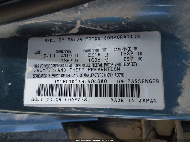 Продаж на аукціоні авто 2011 Mazda Mazda3 S Sport, vin: JM1BL1K5XB1404080, номер лоту: 44766515