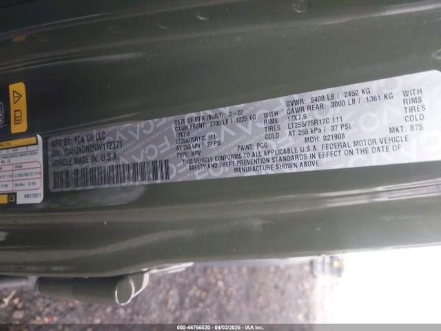 Продаж на аукціоні авто 2022 Jeep Wrangler Unlimited Willys 4x4, vin: 1C4HJXDN0NW172371, номер лоту: 44766520