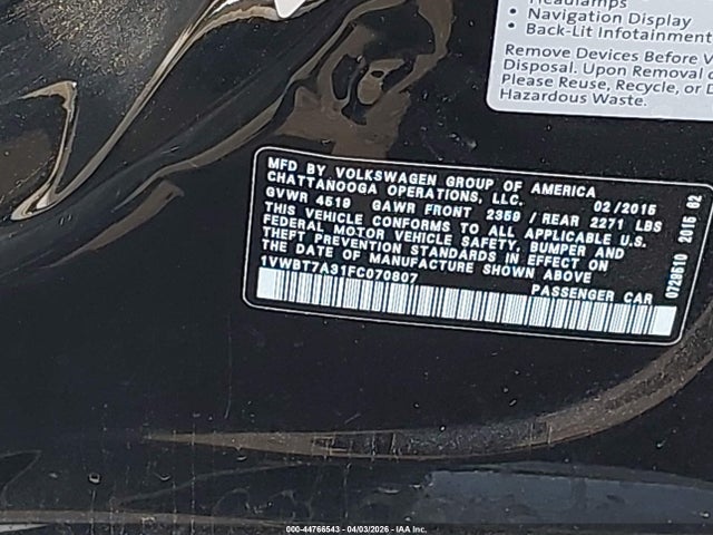 44766543 :رقم المزاد ، 1VWBT7A31FC070807 vin ، 2015 Volkswagen Passat 1.8t Se مزاد بيع