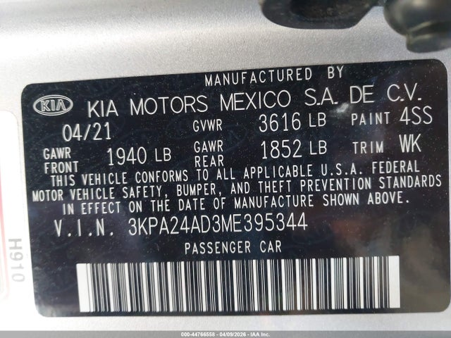 Продажа на аукционе авто 2021 Kia Rio Lx, vin: 3KPA24AD3ME395344, номер лота: 44766558
