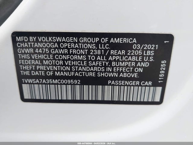 2021 Volkswagen Passat 2.0t Se მანქანა იყიდება აუქციონზე, vin: 1VWSA7A35MC009592, აუქციონის ნომერი: 44766564