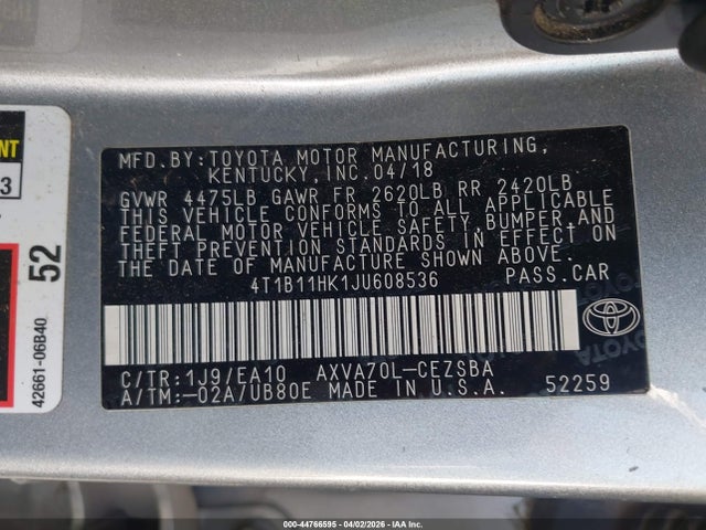 Aukcja sprzedaży 2018 Toyota Camry Se, vin: 4T1B11HK1JU608536, numer aukcji: 44766595