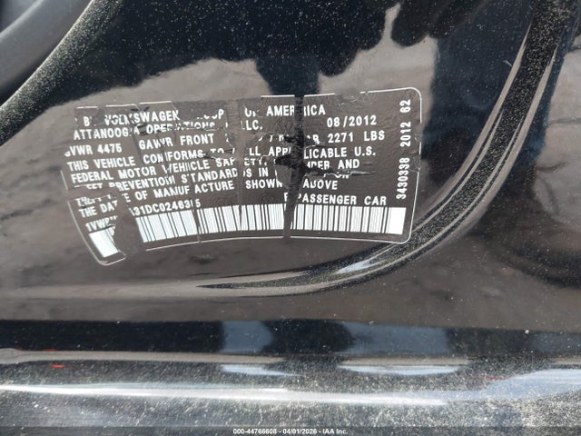 2013 Volkswagen Passat 2.5l Se მანქანა იყიდება აუქციონზე, vin: 1VWBH7A31DC024635, აუქციონის ნომერი: 44766608