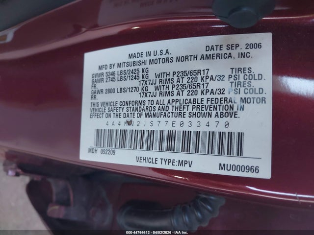 Продаж на аукціоні авто 2007 Mitsubishi Endeavor Ls, vin: 4A4MN21S77E033470, номер лоту: 44766612