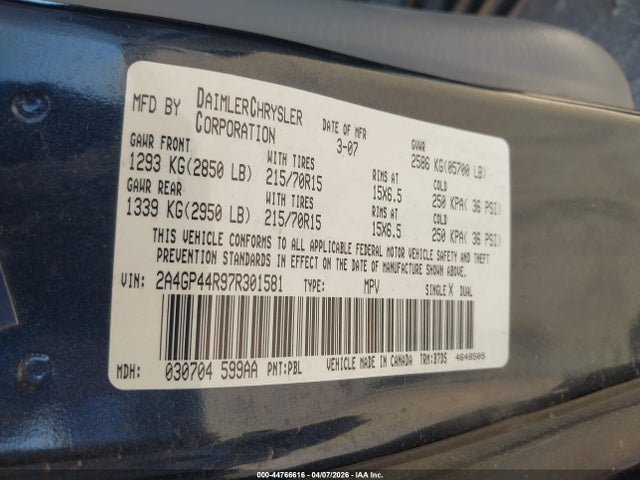 Продажа на аукционе авто 2007 Chrysler Town & Country Lx, vin: 2A4GP44R97R301581, номер лота: 44766616