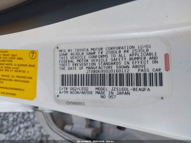 Aukcja sprzedaży 2002 Lexus Gs 300, vin: JT8BD69S020160112, numer aukcji: 44766620