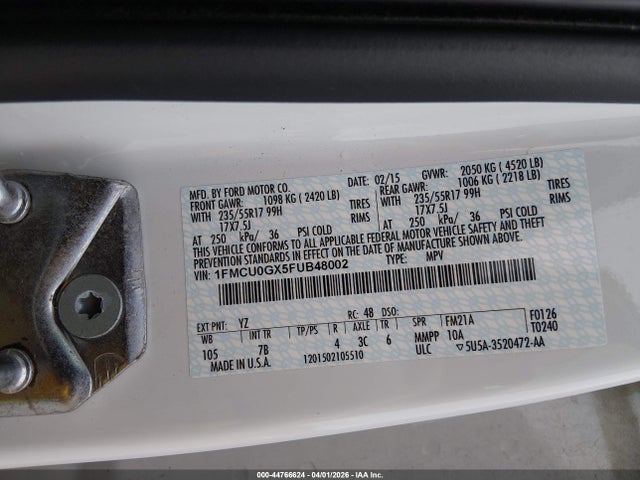 2015 Ford Escape Se მანქანა იყიდება აუქციონზე, vin: 1FMCU0GX5FUB48002, აუქციონის ნომერი: 44766624