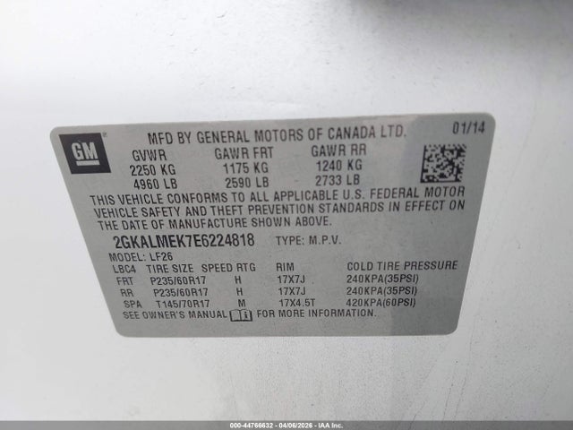Продаж на аукціоні авто 2014 Gmc Terrain Sle-1, vin: 2GKALMEK7E6224818, номер лоту: 44766632