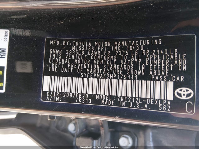 Продаж на аукціоні авто 2021 Toyota Corolla Le, vin: 5YFEPMAE2MP179141, номер лоту: 44766633