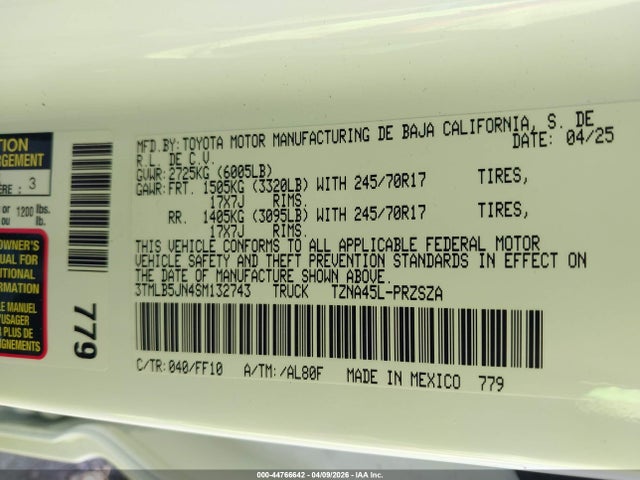 44766642 :رقم المزاد ، 3TMLB5JN4SM132743 vin ، 2025 Toyota Tacoma Sr5 مزاد بيع