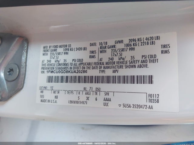 Продаж на аукціоні авто 2019 Ford Escape Se, vin: 1FMCU0GD8KUA20286, номер лоту: 44766669