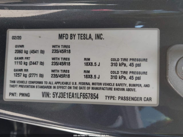 Продаж на аукціоні авто 2020 Tesla Model 3, vin: 5YJ3E1EA1LF657854, номер лоту: 44766671