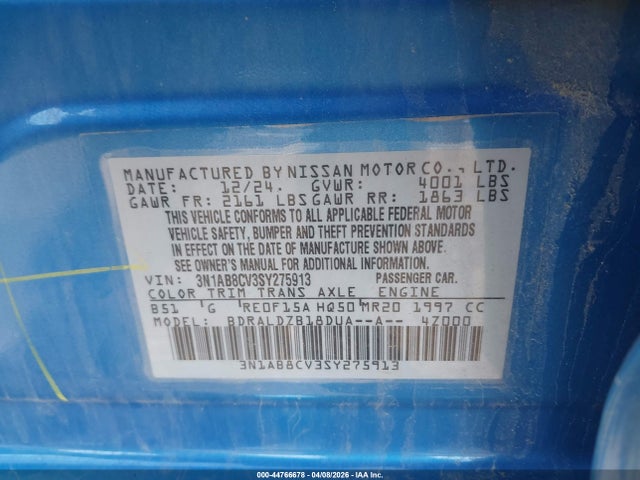44766678 :رقم المزاد ، 3N1AB8CV3SY275913 vin ، 2025 Nissan Sentra Sv مزاد بيع