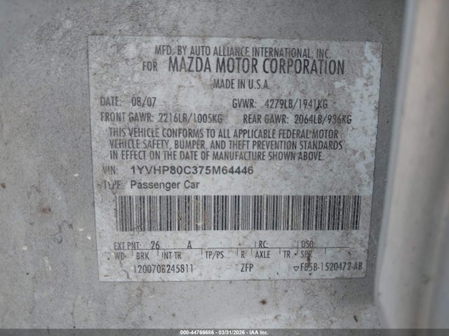 Aukcja sprzedaży 2007 Mazda Mazda6 I Sport Ve, vin: 1YVHP80C375M64446, numer aukcji: 44766686