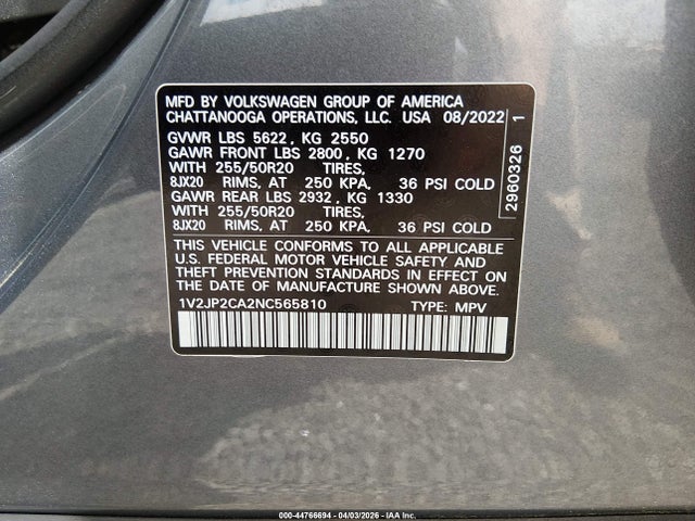 44766694 :رقم المزاد ، 1V2JP2CA2NC565810 vin ، 2022 Volkswagen Atlas 2.0t Se W/technology مزاد بيع
